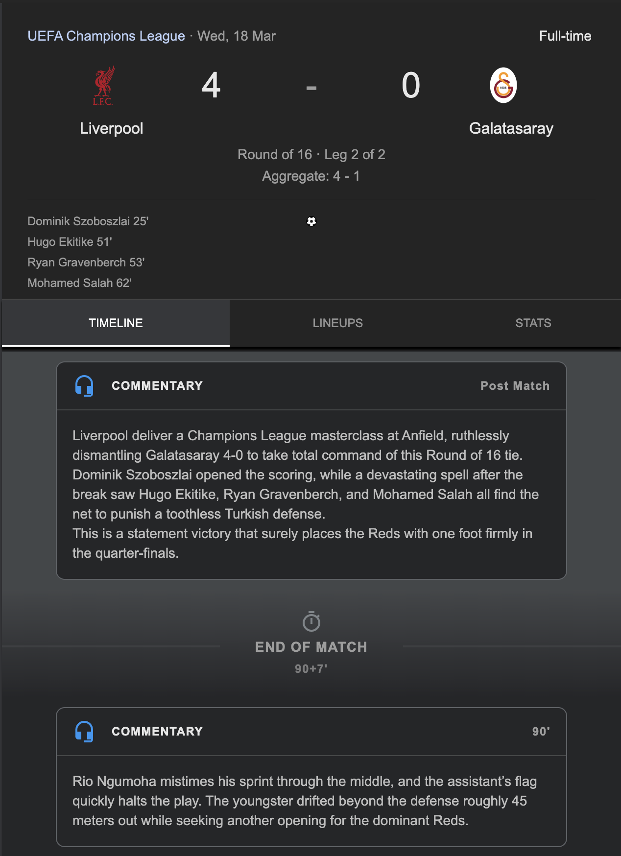 Google timeline view showing football commentary